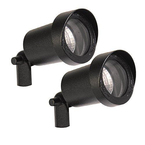 Two black plug-in halogen landscape spot lights with angled stakes