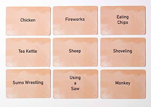 Nine clue cards: chicken, fireworks, eating chips, tea kettle, sheep and more