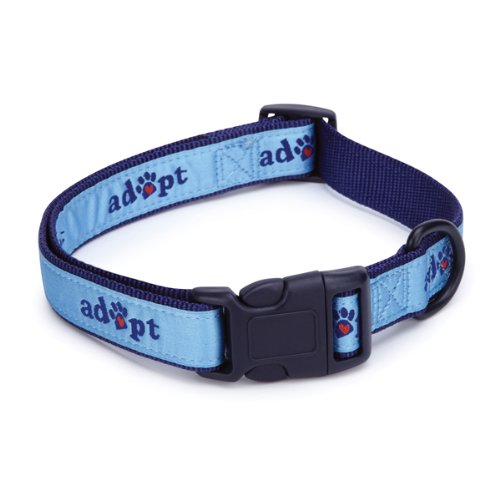 Light blue nylon collar printed with adopt and a heart paw, navy edging