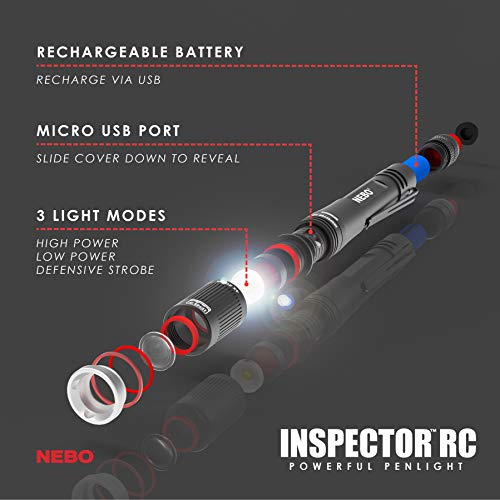 NEBO Rechargeable Pen Light Flashlight 360-Lumens Inspector Rechargeable Flashlights Features Flex Power, Meaning it can be Operated by The Included Rechargeable Battery or by 2X AAA Batteries
