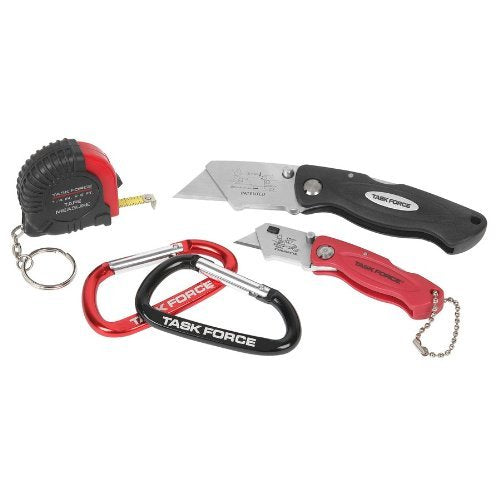 Task Force set: two folding utility knives, keychain tape measure and two carabiners