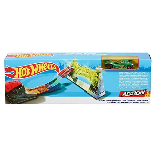 Hot Wheels Action Electric Tower playset box with a green car included