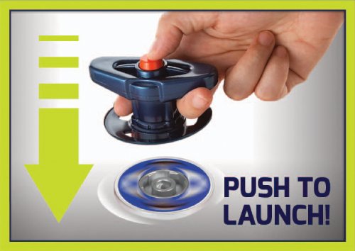 Hand pushing the blue Spinshotz launcher plunger, Push to Launch