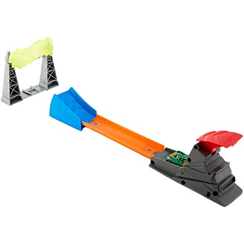 Electric Tower set laid out: grey launcher, orange track, blue ramp and tower