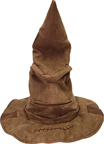 Brown suede-look wizard sorting hat with a folded face and stitched brim