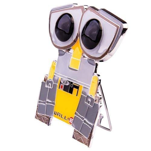 Yellow robot enamel pin at an angle on its fold-out metal stand