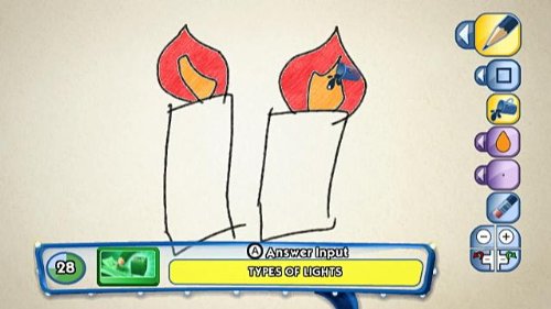 Drawing of two lit candles on screen with the clue types of lights