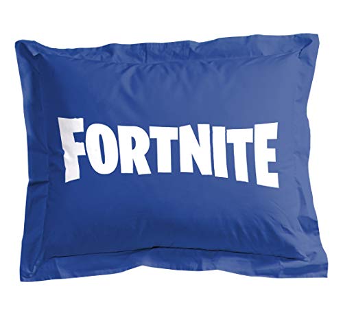 Blue pillow sham with white Fortnite lettering