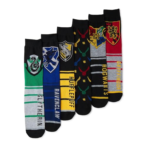 Six crew socks with house crests in green, blue, yellow, red and black snitch prints