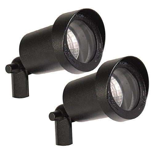Pair of black halogen spot light fixtures with clear lenses, angled view