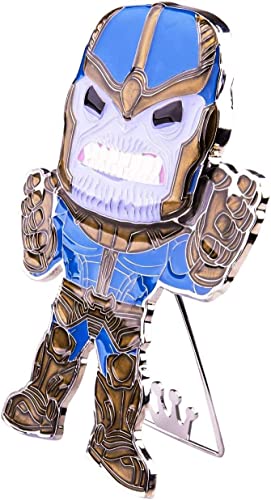 Titan enamel pin at an angle on its fold-out metal stand