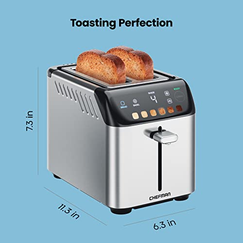 Toaster with toast and dimensions 7.3 by 11.3 by 6.3 inches