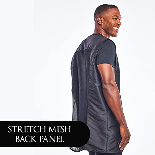 Smiling man turned to show the vest's stretch mesh back panel