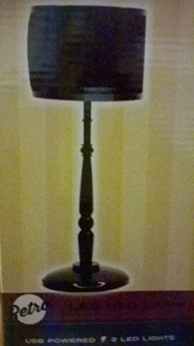 Retro USB desk lamp box showing a black lamp with drum shade and turned base