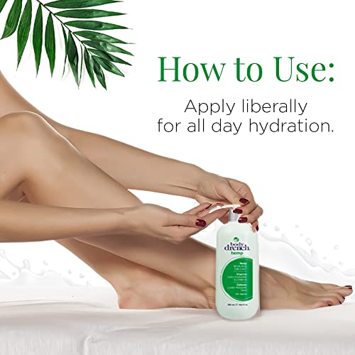Woman pumping Body Drench hemp lotion onto her legs: apply liberally for all day hydration