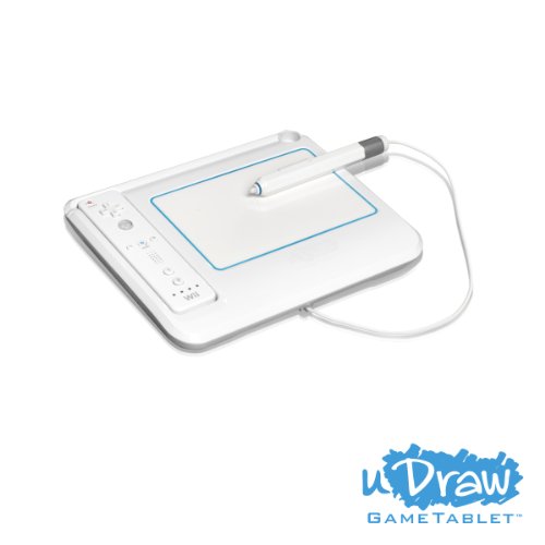 White drawing tablet with a stylus and a Wii remote in the slot