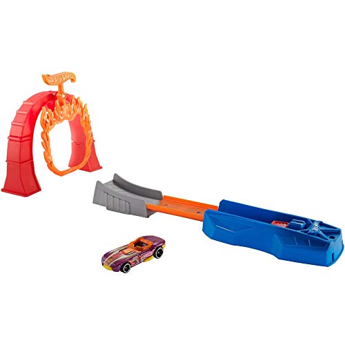 Assembled Flame Jumper with blue launcher, track, ramp, flame ring and purple car