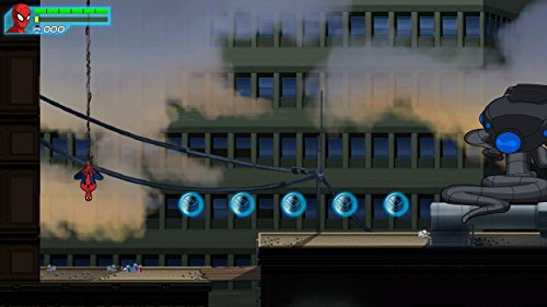 Spider-Man hanging from a web above rooftops with blue tokens