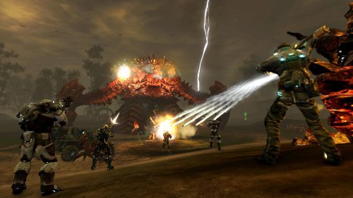 Defiance gameplay: soldiers blasting a giant red alien monster during a lightning storm
