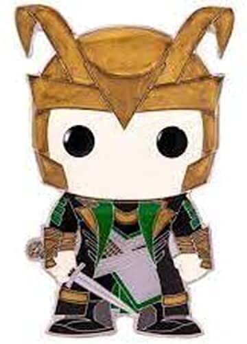 Enamel pin of a horned gold helmet trickster in green and black with a dagger
