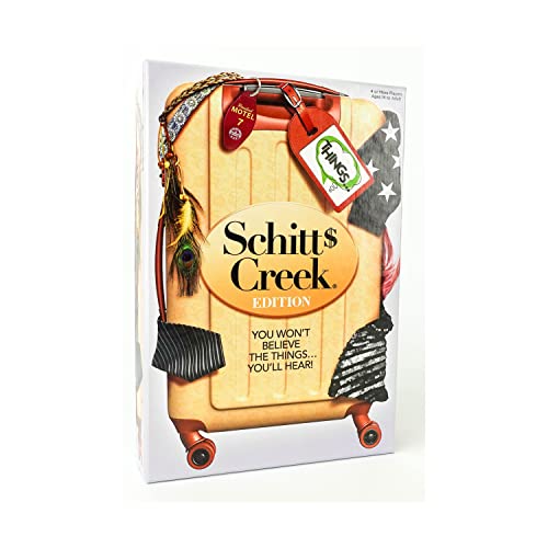 Things Schitt's Creek Edition game box with a suitcase covered in props