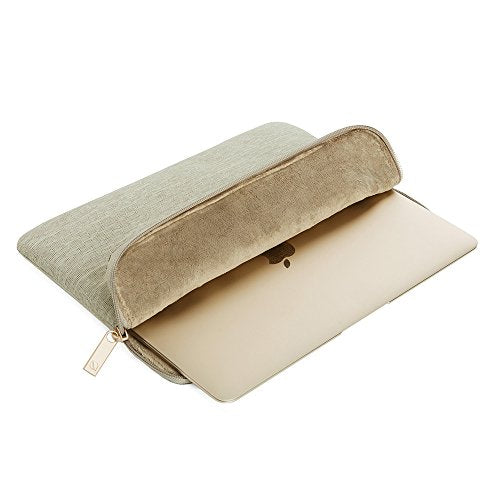 Gold MacBook sliding into the open khaki Incase sleeve with plush lining