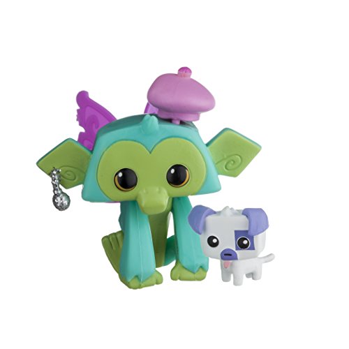 Teal Animal Jam Lucky Monkey figure with pink beret and wings beside a white pet puppy