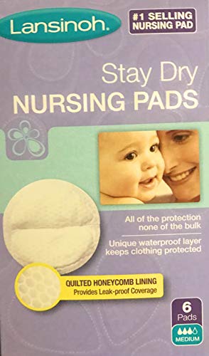 Lansinoh Stay Dry Nursing Pads 6-pack, medium, with a mother and baby