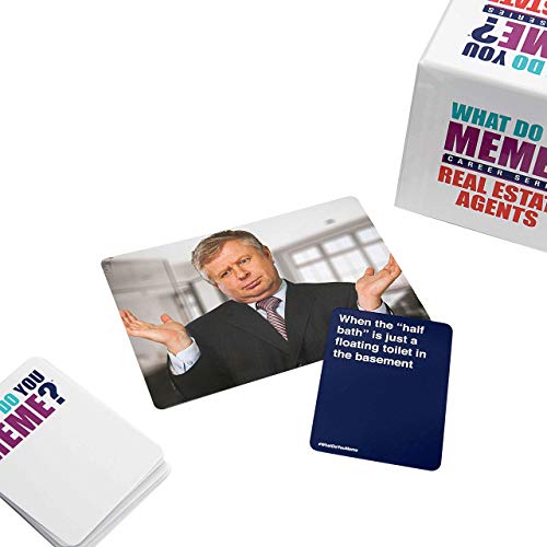 Photo card of a shrugging man in a suit beside a half bath caption card