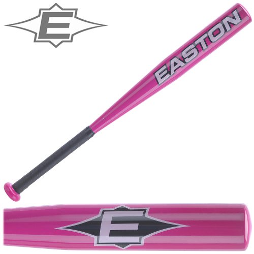 Pink Easton tee ball bat with black grip and a close-up of the E emblem on the barrel