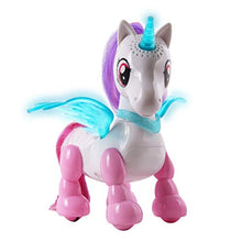 Load image into Gallery viewer, NKOK USB PetBotz - Robo Unicorn, Rechargeable, Miniature, Interactive pet Robot, Lights up, Sound Activated, Makes Noises on Command, Comes with Necklace and Hair Brush, USB Charger Included

