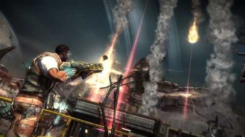 Gunman firing from a walkway as missiles rain down on a base