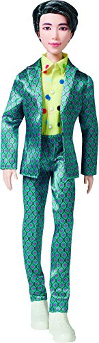 BTS RM fashion doll in a teal patterned suit and yellow polka dot shirt, front view