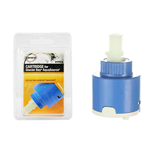 Faucet cartridge in its blister pack beside the loose blue cartridge