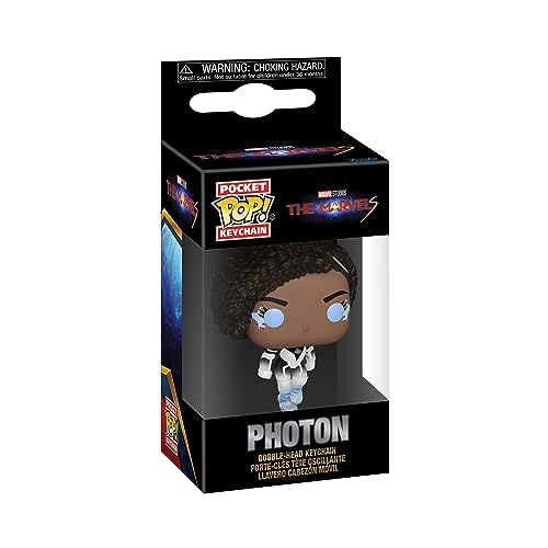 Photon bobble-head keychain in its black window box from The Marvels