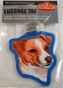 Jack Russell terrier head luggage tag in its retail bag