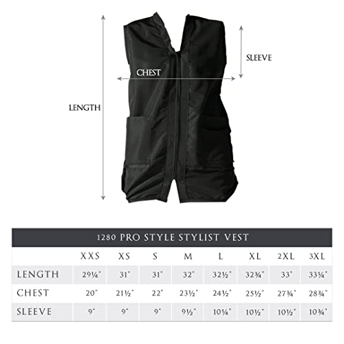 Black stylist vest size chart from XXS to 3XL with length, chest and sleeve