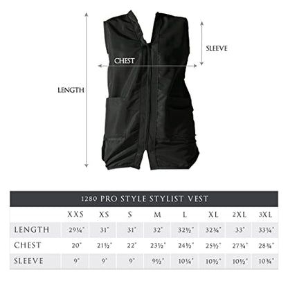 Betty Dain Professional Zip Front Salon Stylist Vest, V-Neck, Iridescent Fabric, Adjustable Belt, Two Lower Pockets with Zippered Bottoms, Lightweight, Machine Washable Nylon, Black, S
