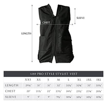 Load image into Gallery viewer, Betty Dain Professional Zip Front Salon Stylist Vest, V-Neck, Iridescent Fabric, Adjustable Belt, Two Lower Pockets with Zippered Bottoms, Lightweight, Machine Washable Nylon, Black, S
