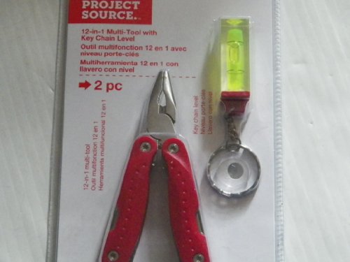 Close-up of the red folding pliers multi-tool and yellow bubble level keychain