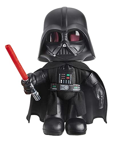 Darth Vader plush with a hard black helmet, cape and red lightsaber