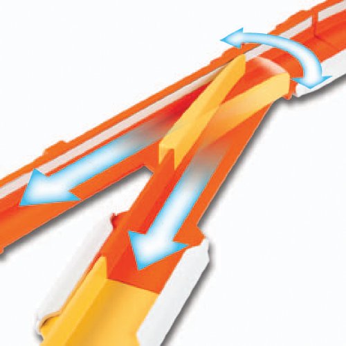Close-up of the orange track splitter with arrows showing two spinner paths