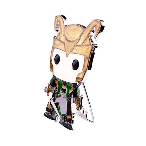 Horned helmet trickster enamel pin at an angle on its fold-out metal stand