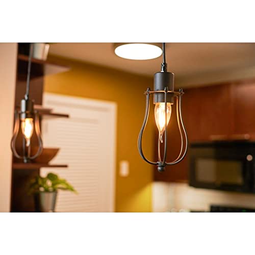 Clear flame-tip bulbs glowing in black wire cage pendant lights