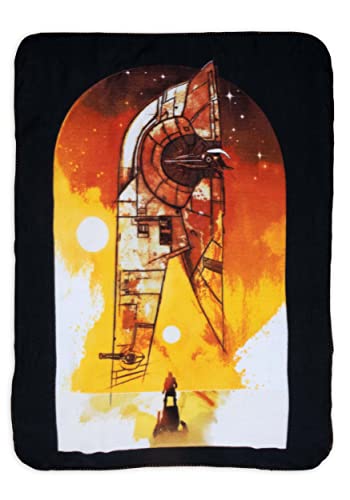Black fleece throw printed with Slave I over an orange desert sky