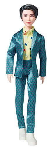 BTS RM doll standing in a teal suit, yellow dotted shirt and white sneakers