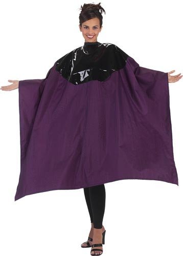 Woman in an eggplant purple salon cape with a black glossy chemical-proof panel