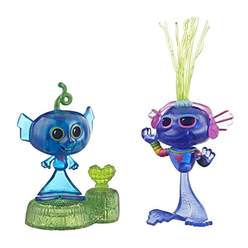 Two clear blue Techno Reef troll figures, one on a green bobble base