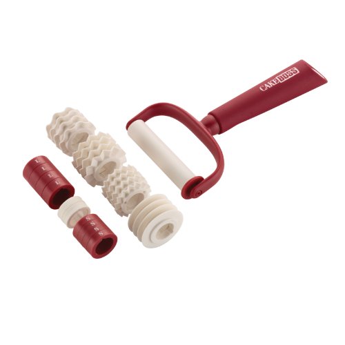 Red Cake Boss fondant ribbon cutter handle with interchangeable cutting wheels and spacers