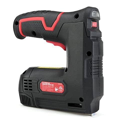 Other side of the black and red staple gun with its rating label